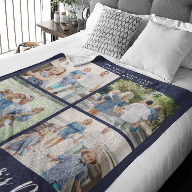 Happy Father's Day Photo Collage Navy Blue Fleece Blanket (Happy Father's Day script font with 8 family photo slots along with a custom message)