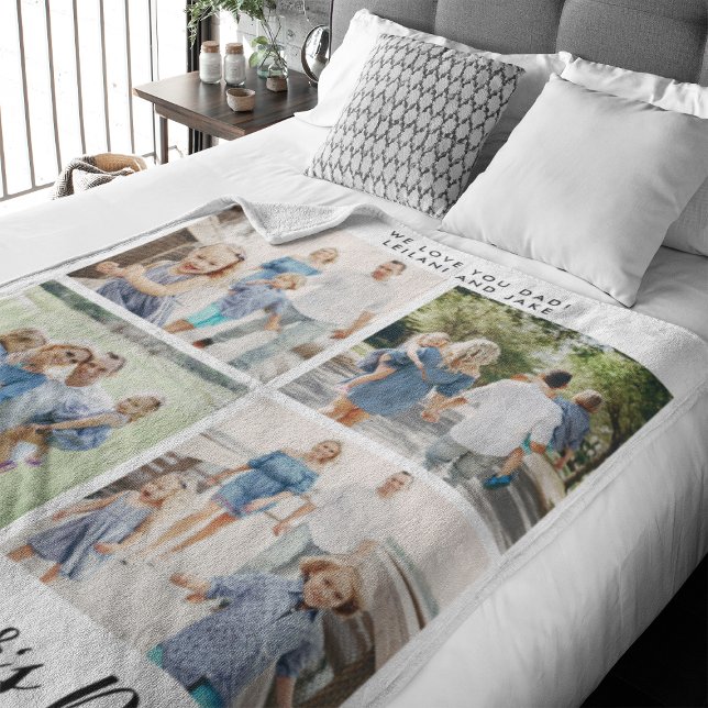 Happy Father's Day Photo Collage White Fleece Blanket (Happy Father's Day script font with 8 family photo slots along with a custom message)