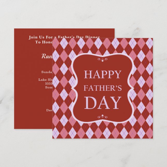Happy Fathers Day Red Pink Argyle Dinner Party Invitation (Front/Back)