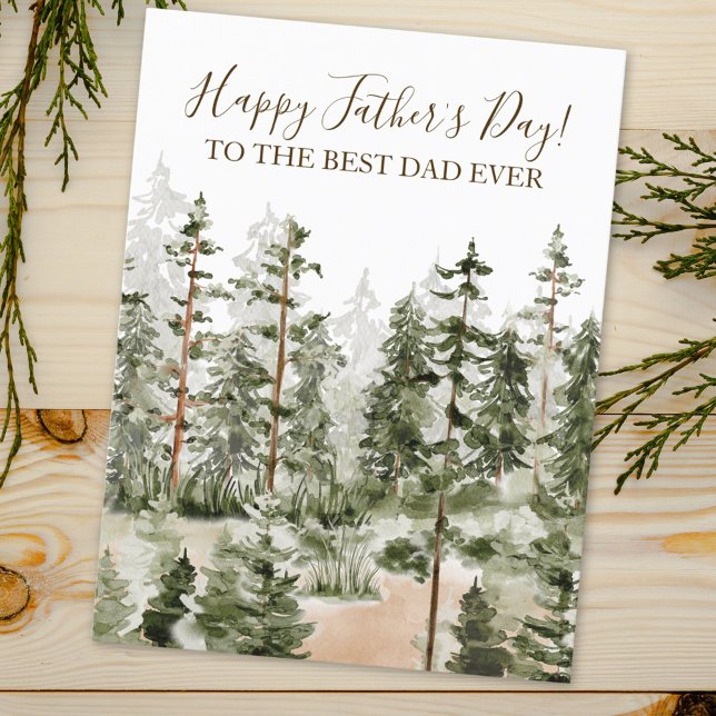 Happy Fathers Day Rustic Watercolor Green Forest  Postcard (Close up)