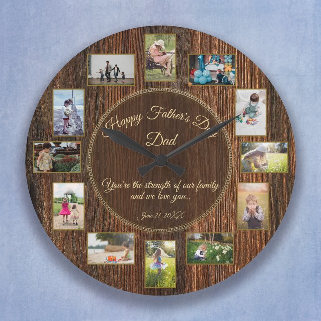 Happy Fathers Day Rustic Wood Photo Template Large Clock (Creator Uploaded)