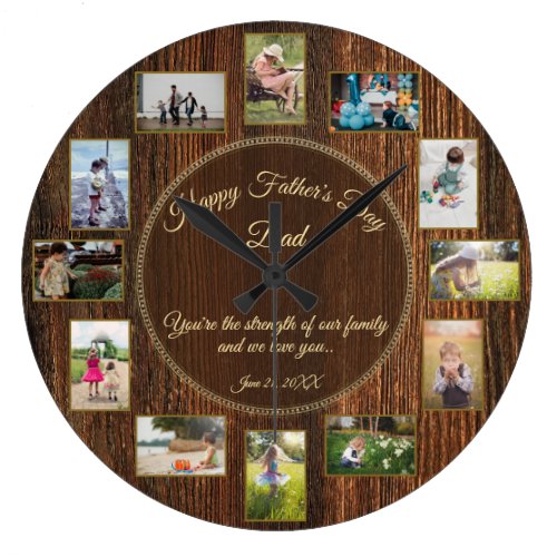 Happy Fathers Day Rustic Wood Photo Template Large Clock