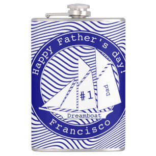 Happy Father's Day Schooner on Navy Waves Flask