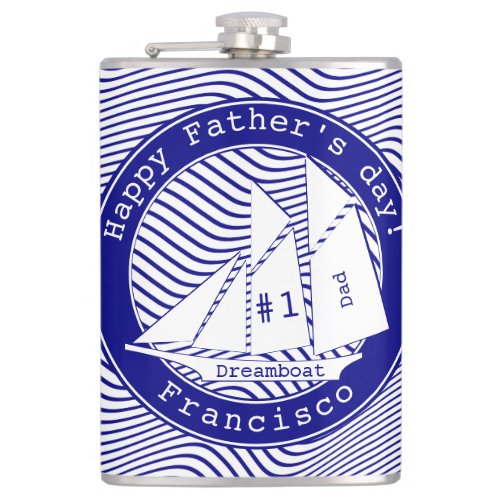 Happy Fathers Day Schooner on Navy Waves Flask