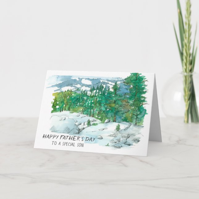 Happy Father's Day Son Mountain Vista Evergreens Holiday Card (Front)