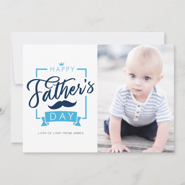 Happy Father's Day Typography Blue Photo Holiday Card (Front)