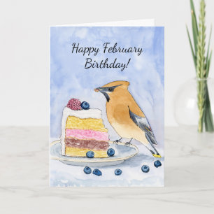 Happy February Birthday Cedar Waxwing Cake Card
