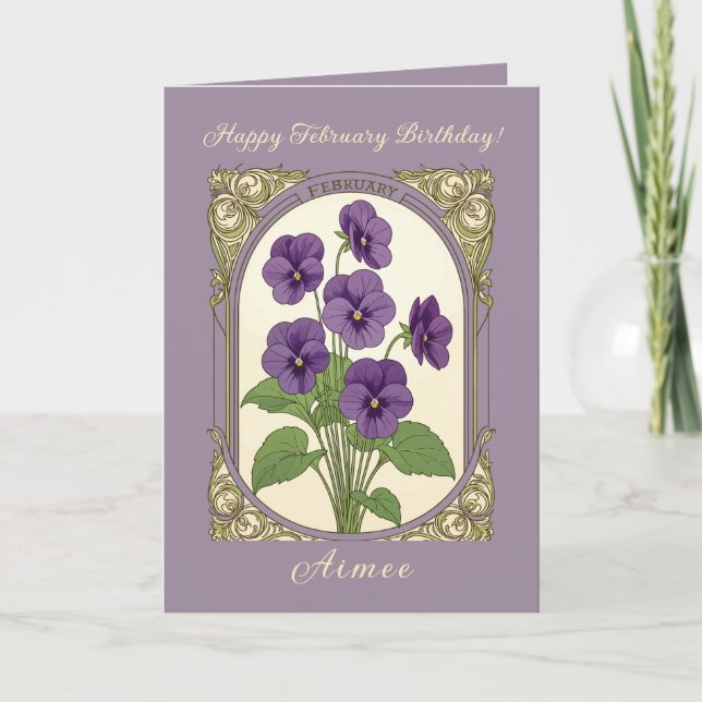 Happy February Birthday Viola Flowers Card (Front)