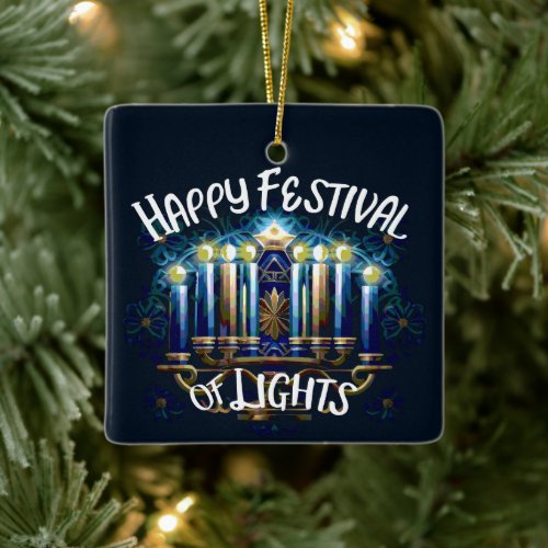 Happy Festival of Lights Hanukkah Menorah Ceramic Ornament