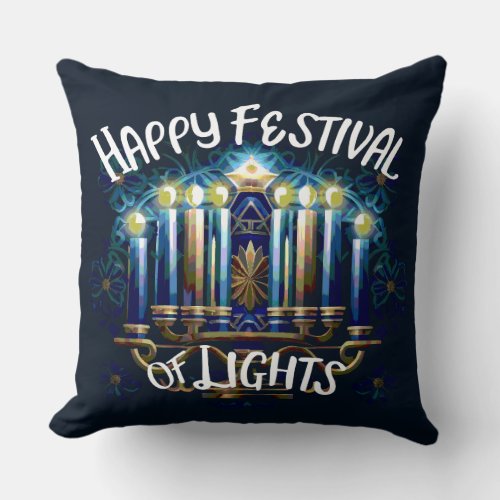 Happy Festival of Lights Hanukkah Menorah Throw Pillow