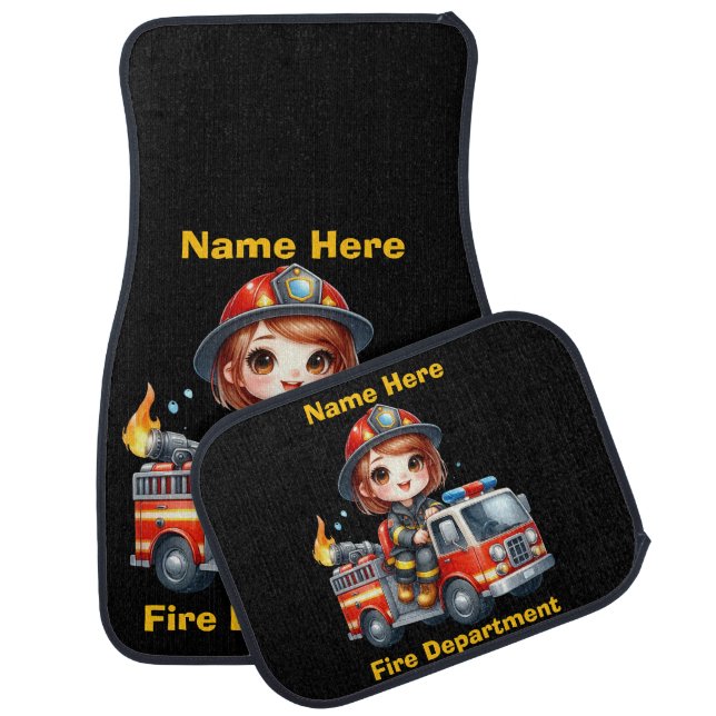 Happy firefighter drives red truck car floor mat (Set)