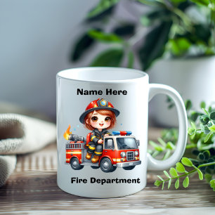 Happy firefighter drives red truck coffee mug
