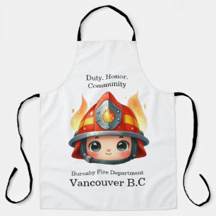 Happy firefighter mascot with flames apron