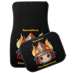 Happy firefighter mascot with flames car floor mat