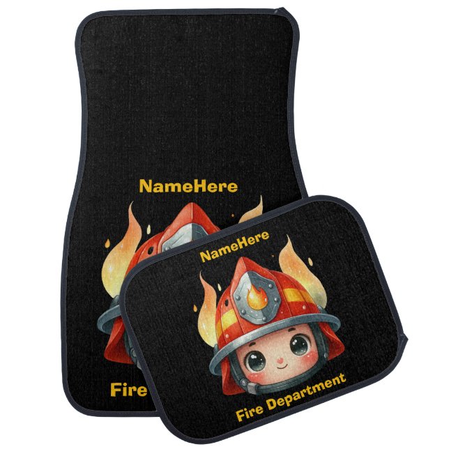 Happy firefighter mascot with flames car floor mat (Set)