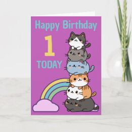 Happy First (1st) Birthday Stack Of Cats With Age Card
