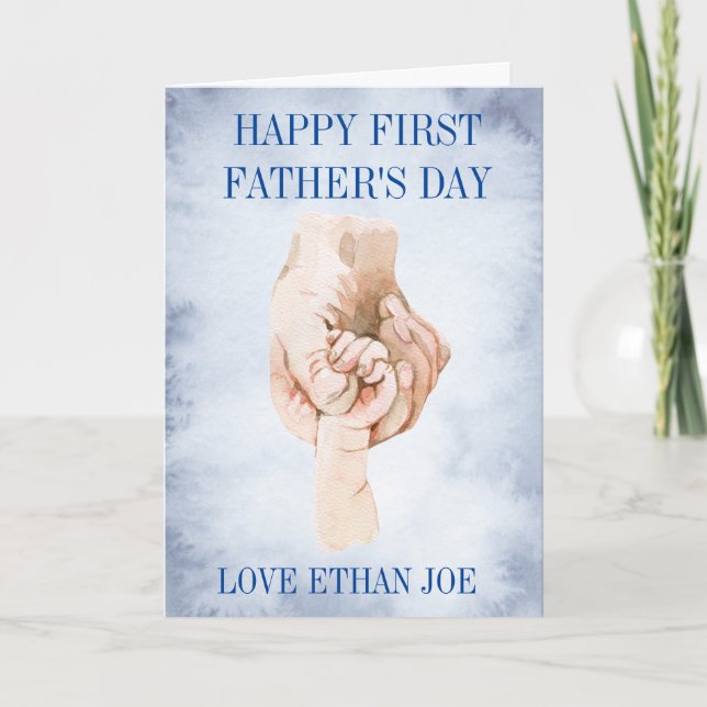 Happy First 1st Father's day Watercolor Hands Holiday Card (Front)