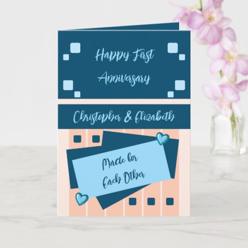 Happy First Anniversary add names blue peach Card