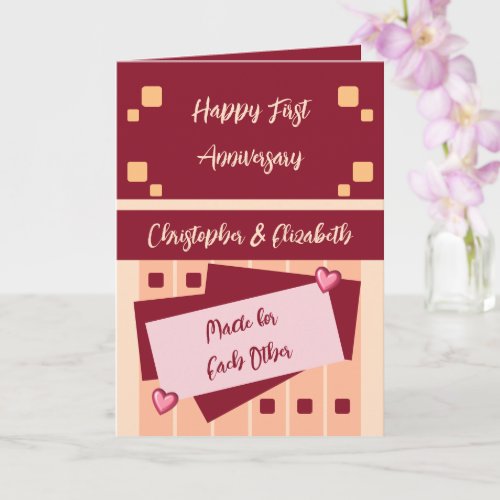 Happy First Anniversary add names burgundy coral Card