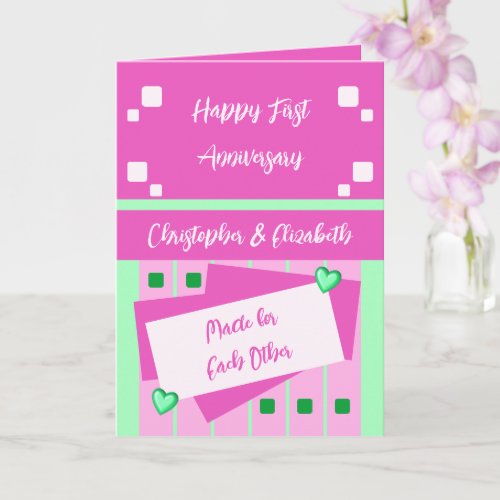 Happy First Anniversary add names pink green Card