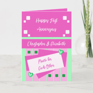 Happy First Anniversary add names pink green Card