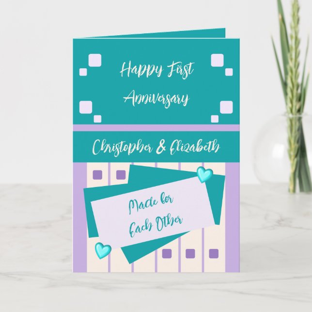 Happy First Anniversary add names turquoise purple Card (Front)