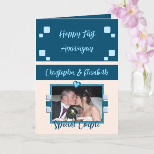 Happy First Anniversary add photo blue peach Card