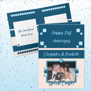 Happy First Anniversary add photo blue peach Card