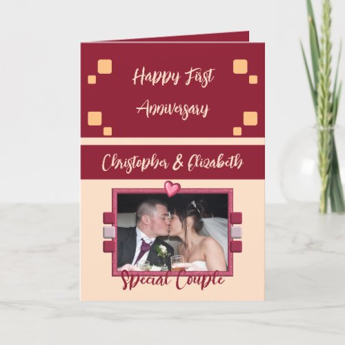 Happy First Anniversary add photo burgundy coral Card