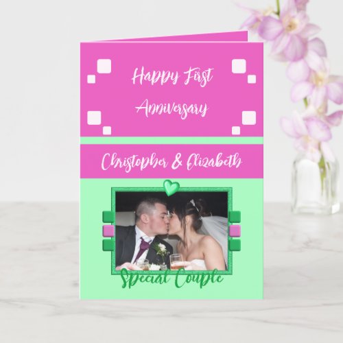 Happy First Anniversary add photo pink green Card