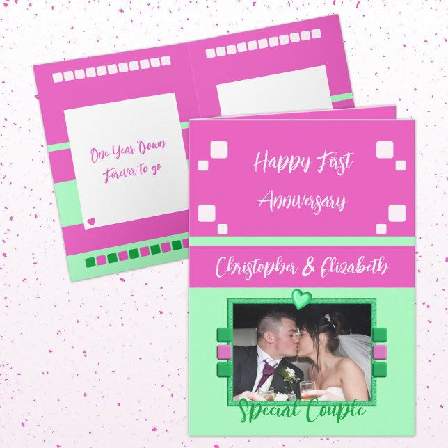 Happy First Anniversary add photo pink green Card (Creator Uploaded)