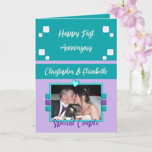 Happy First Anniversary add photo turquoise purple Card