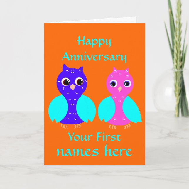 Happy First Anniversary Cute Owl Couple Customize Card (Front)