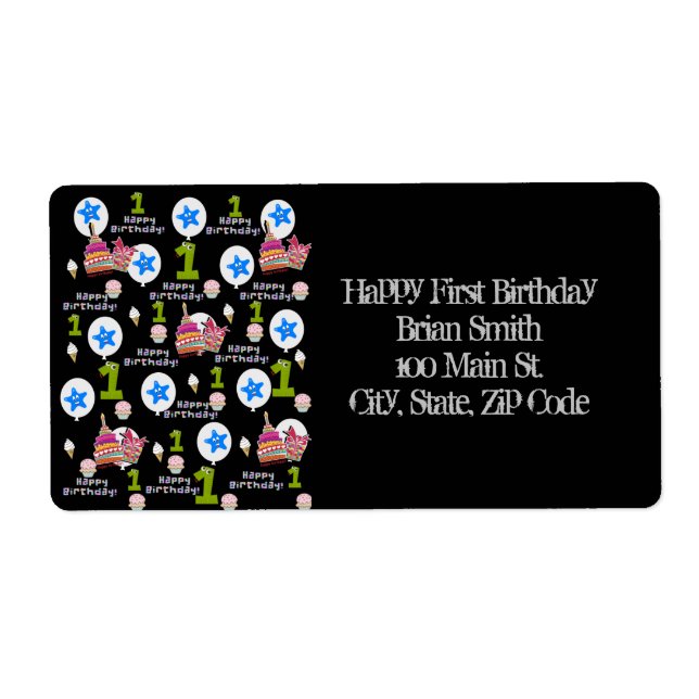 Happy First Birthday Address Labels, Black Label (Front)
