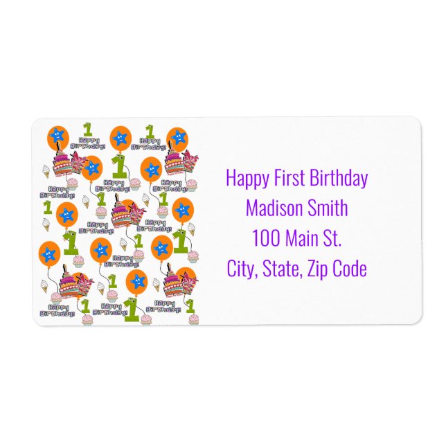 Happy First Birthday Address Labels, White Label (Front)