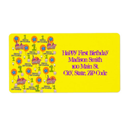Happy First Birthday Address Labels Yellow Label