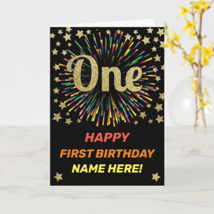 Happy First Birthday Black & Gold Rainbow Firework Card