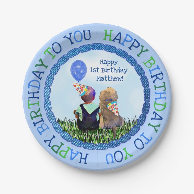 Happy First Birthday Boy and Dog Paper Plates (Front)