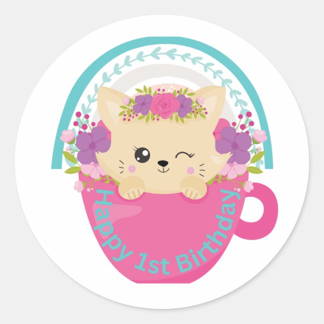 Happy first Birthday Cat and rainbow Classic Round Sticker (Front)