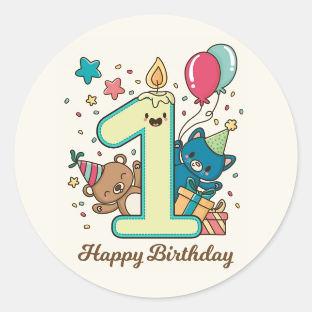 Happy First Birthday Classic Round Sticker (Front)