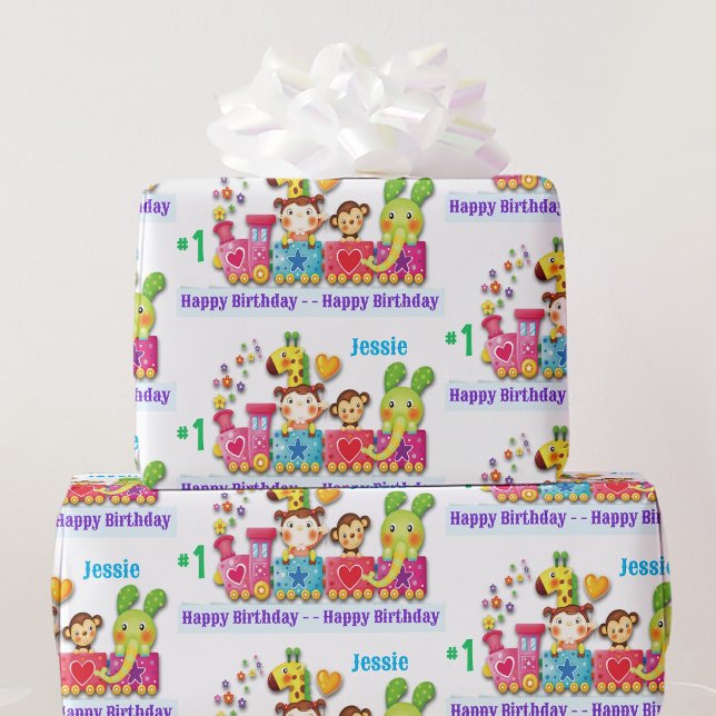 Happy First Birthday Custom Name & Age Cute Train Wrapping Paper (Creator Uploaded)