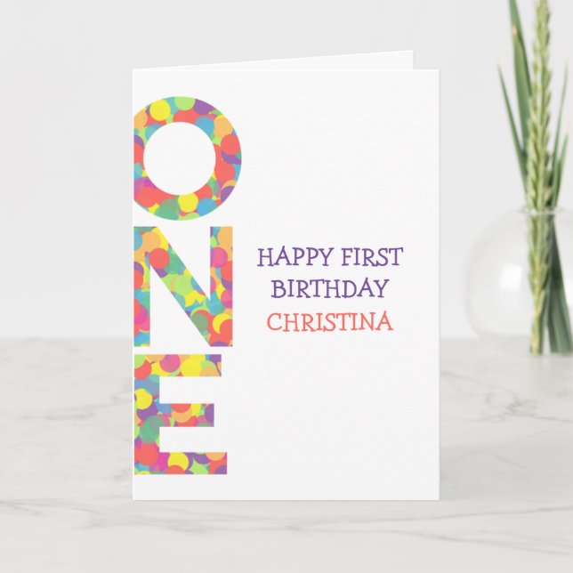 Happy First Birthday Girl Personalized Confetti Card (Front)