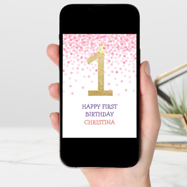 Happy First Birthday Girl Pink Confetti Gold Cute Card (Front Digital)