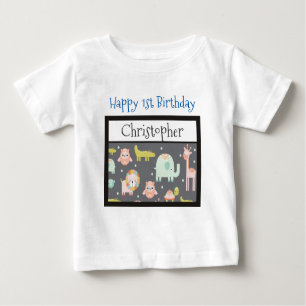Happy First Birthday Safari Animals Pattern Baby T-Shirt