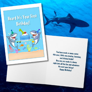 Happy First Birthday Sharks with Cake Card