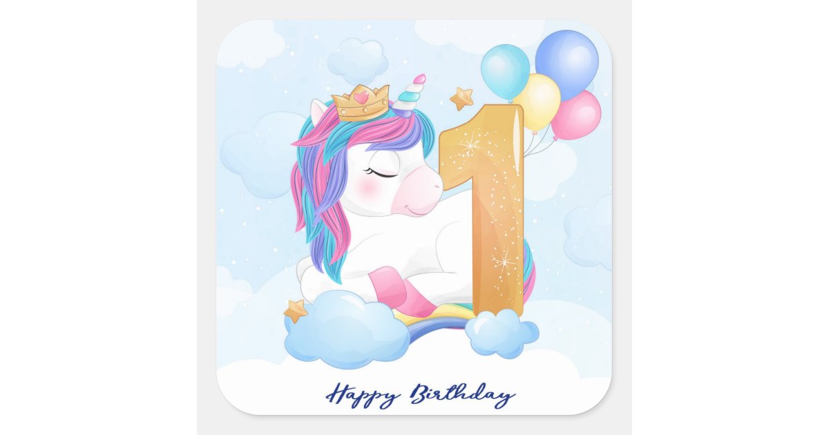 Happy First Birthday Unicorn Square Sticker | Zazzle