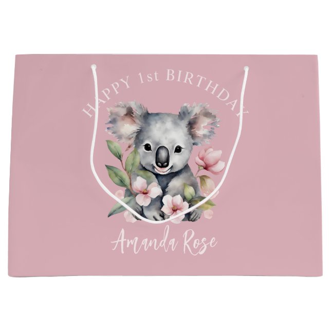 Happy First Birthday Watercolor Koala Large Gift Bag (Front)