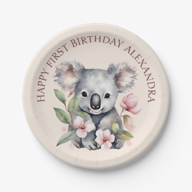 Happy First Birthday Watercolor Koala Paper Plates (Front)