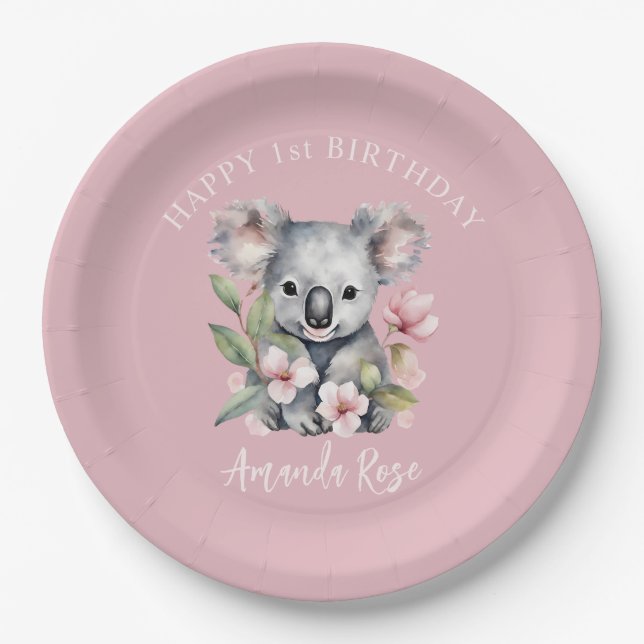 Happy First Birthday Watercolor Koala Paper Plates (Front)