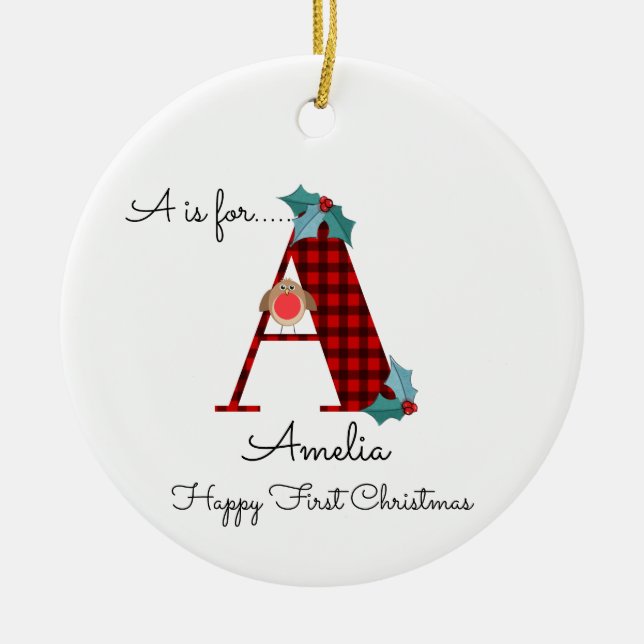 Happy first Christmas A lumberjack robin tree Ceramic Ornament (Front)